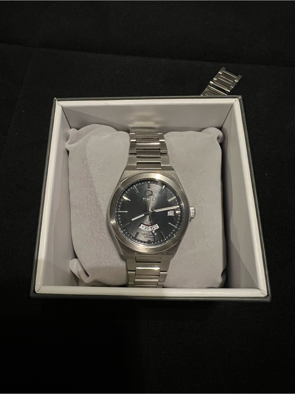 Q Timex Continental GMT Silver Stainless Steel Watch with Black Dial